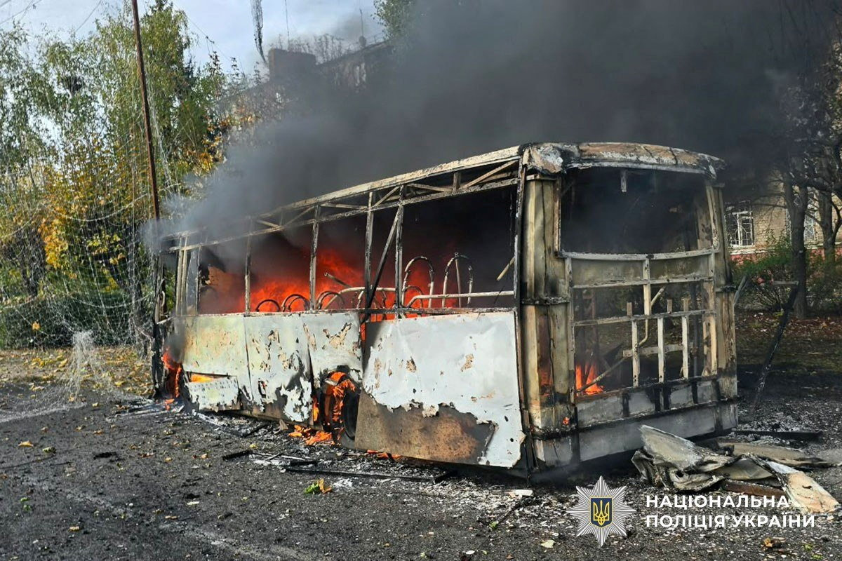 A bus burns following a Russian air strike in the city of Kramatorsk, in Ukraine's Donetsk region, on October 8, 2026