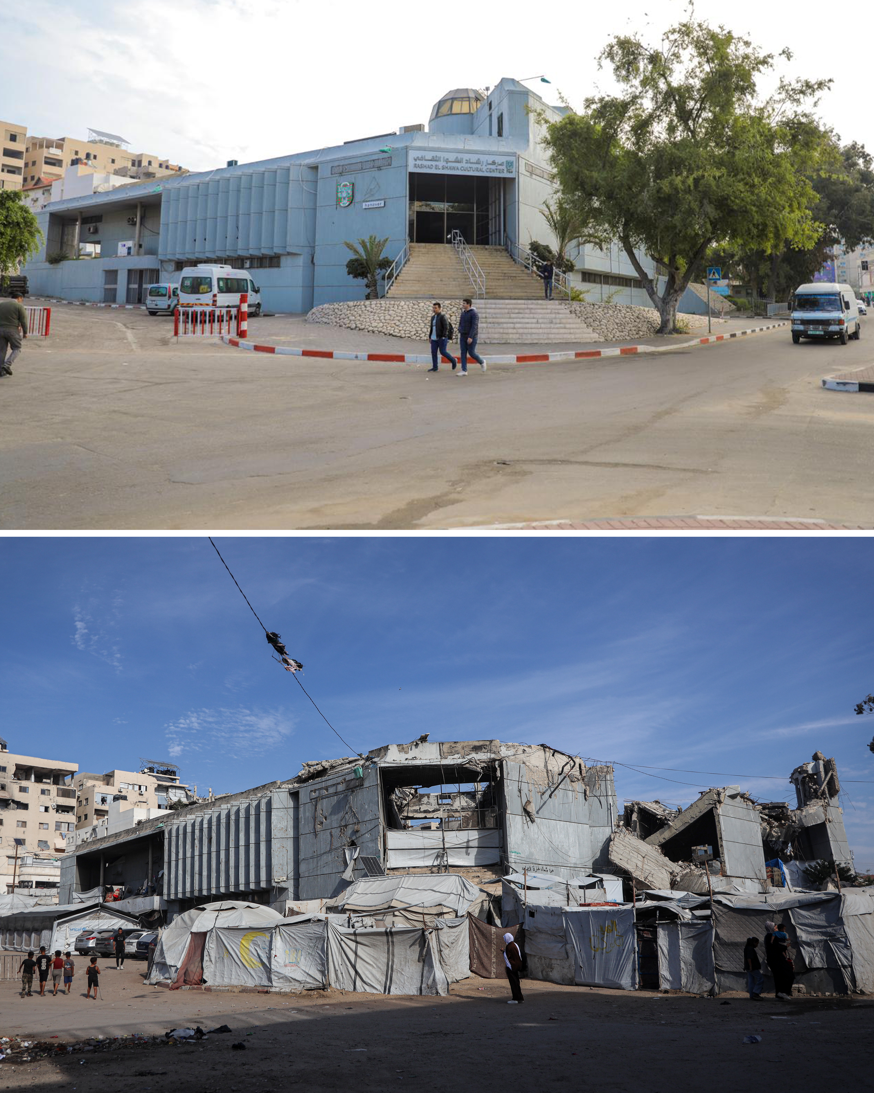 Rashad Al-Shawwa Cultural Centre in Gaza City’s Rimal neighbourhood was a landmark cultural venue, hosting exhibitions, conferences and public events. Three years of war have left the centre heavily damaged, with parts of the building destroyed and the surrounding area in ruins. [Abdelhakim Abu Riash/Al Jazeera]
