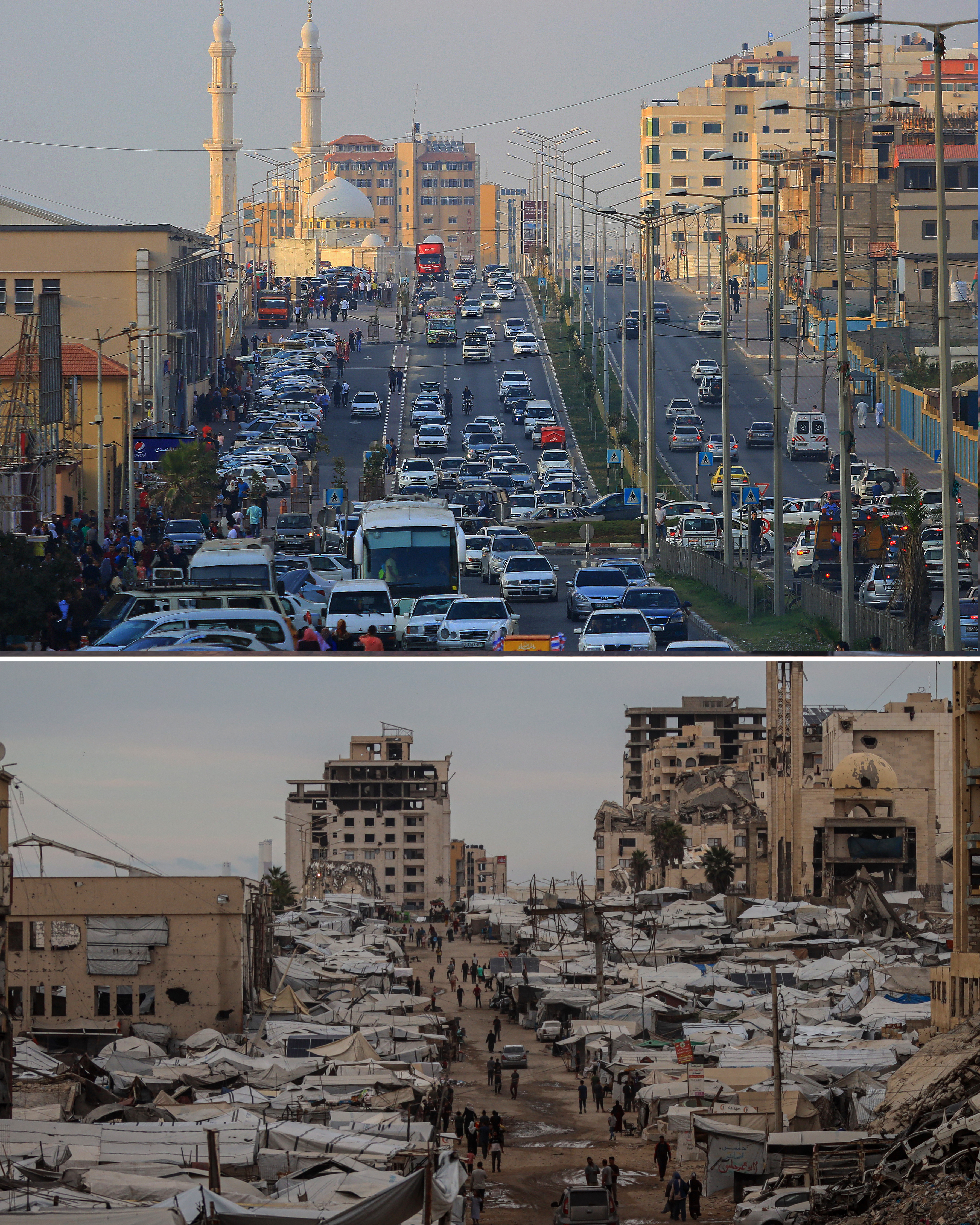 Al-Rasheed Street, Gaza’s main coastal road, stretches along the Mediterranean and was once a popular destination lined with cafes, restaurants, shops and hotels. After nearly three years of war, much of the area has been damaged or destroyed, with tents now filling parts of the coastline. [Abdelhakim Abu Riash/Al Jazeera]