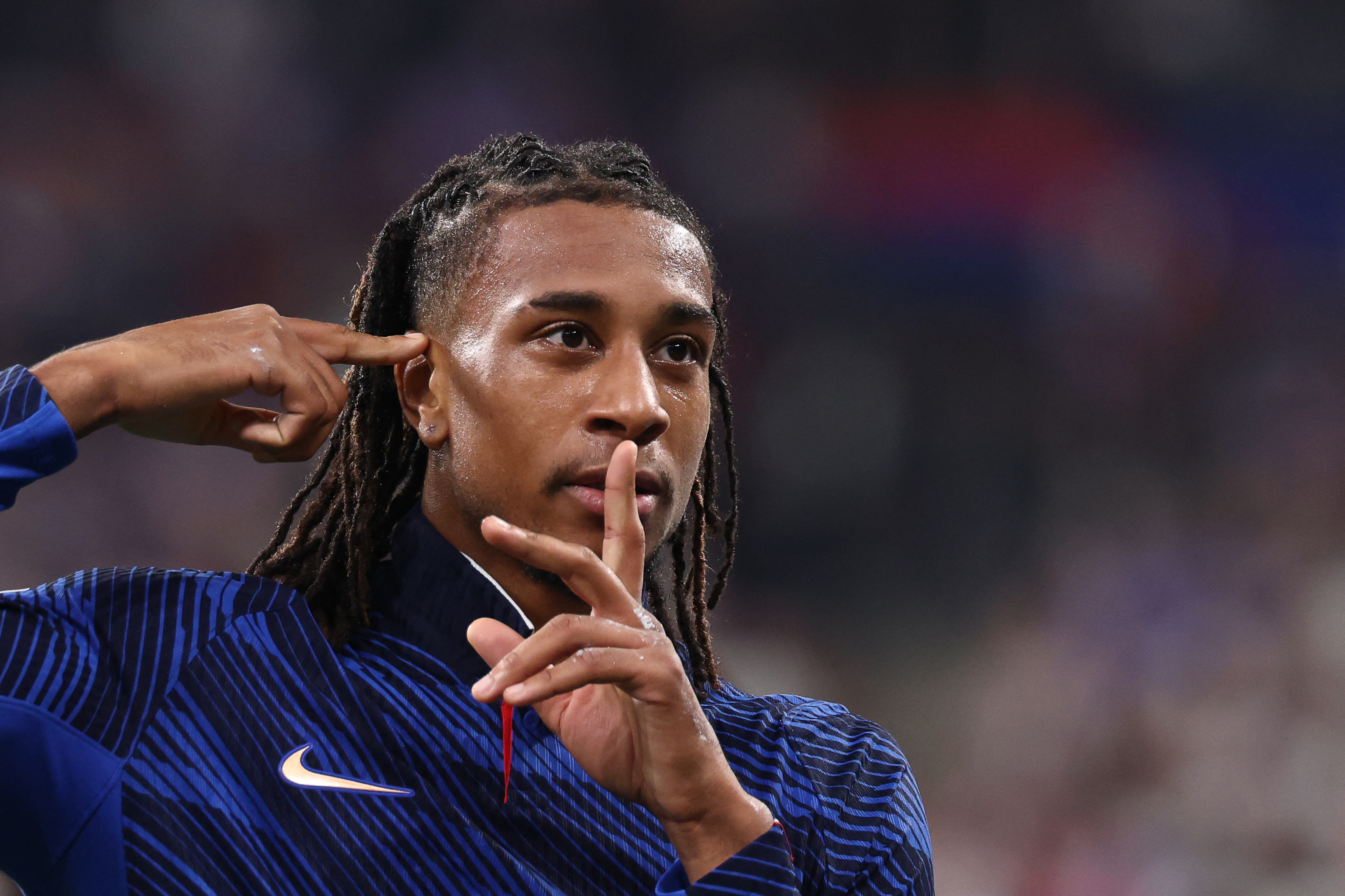 France's midfielder #11 Michael Olise celebrates after scoring his team's fourth goal during the UEFA Nations League Group A1 football match between France and Belgium at the Stade de France in Saint-Denis, north of Paris, on October 5, 2026. (Photo by FRANCK FIFE / AFP)