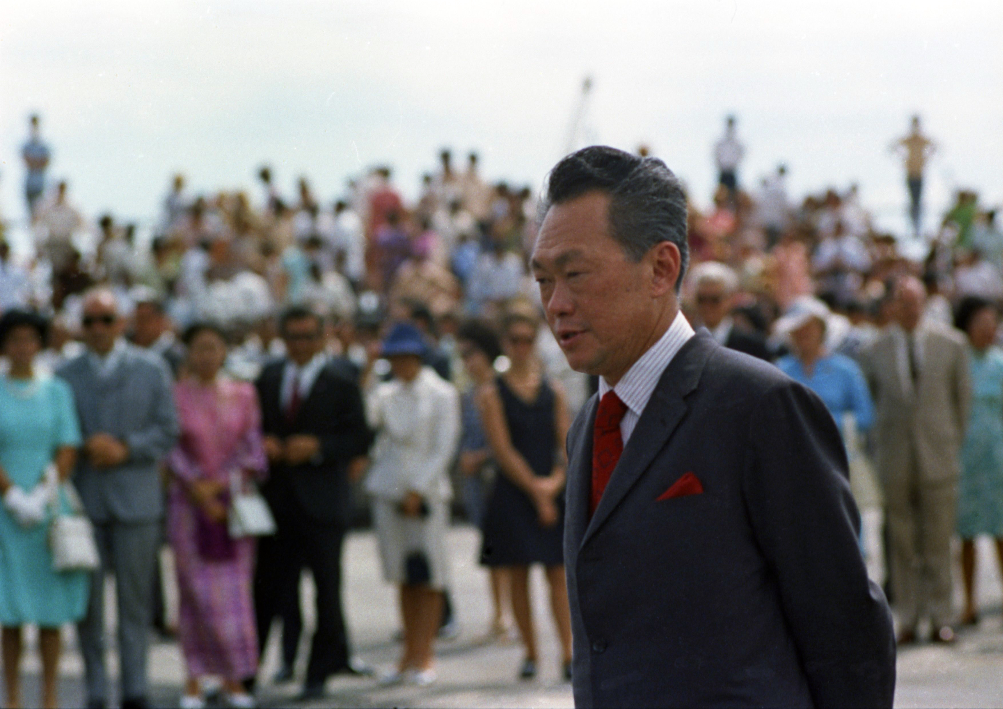 Prime Minister Lee Kuan Yew is greeted at a reception in Singapore in 1972