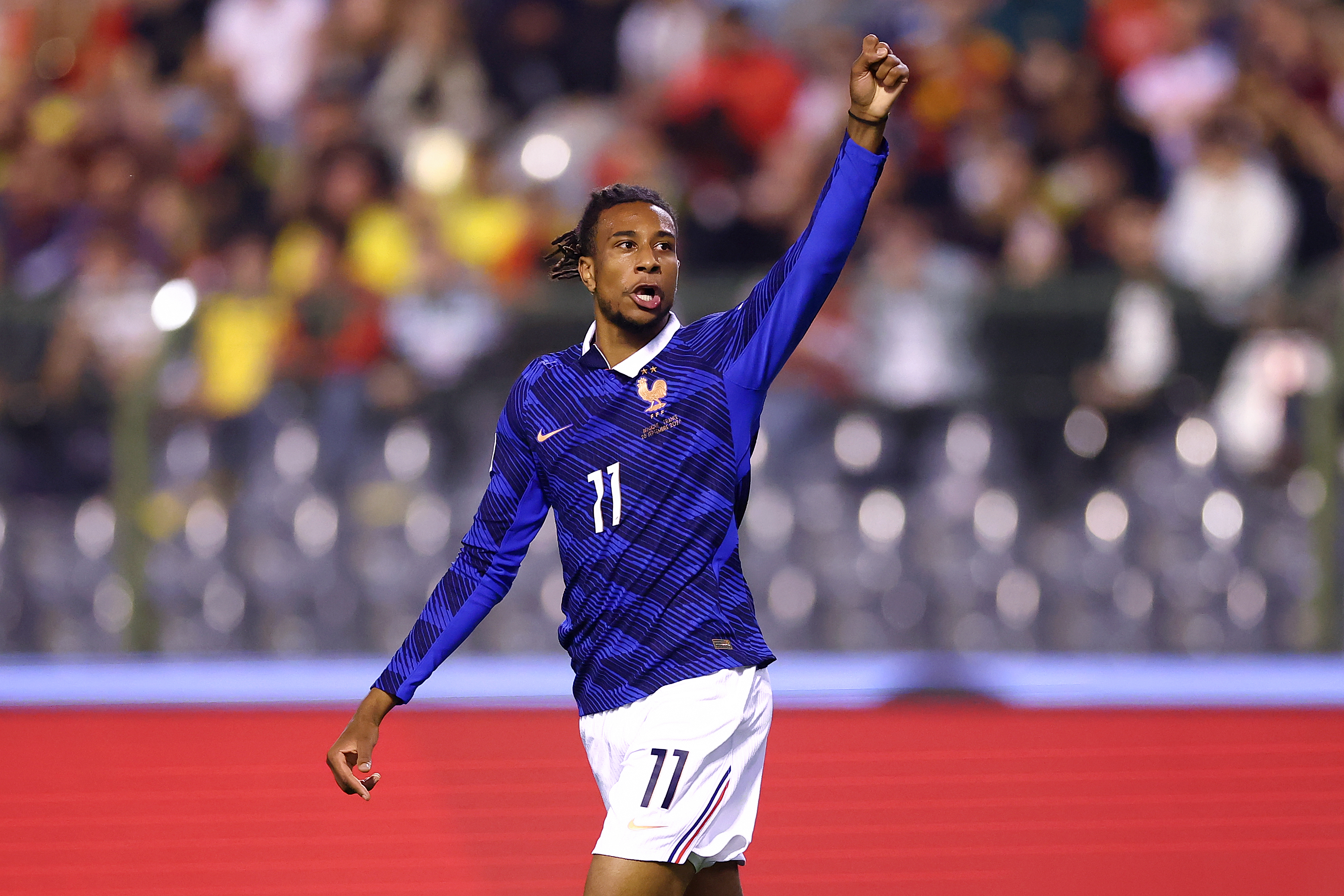 BRUSSELS, BELGIUM - SEPTEMBER 28: Michael Olise of France celebrates scoring his team’s first goal during the UEFA Nations League 2026/27 group phase match between Belgium and France at Stade Roi Baudouin on September 28, 2026 in Brussels, Belgium. (Photo by Dean Mouhtaropoulos/Getty Images)