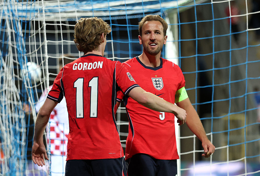 Harry Kane of England celebrates scoring his team’s fifth goal with teammate Anthony Gordon during the UEFA Nations League 2026/27 group phase match
