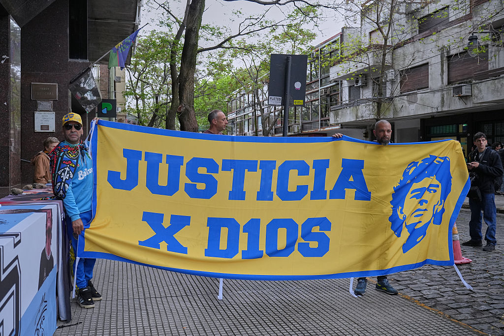 A view of banner outside of the courthouse as prosecutors and plaintiff attorneys present their closing arguments before Oral Criminal Court No. 7 in San Isidro, Argentina