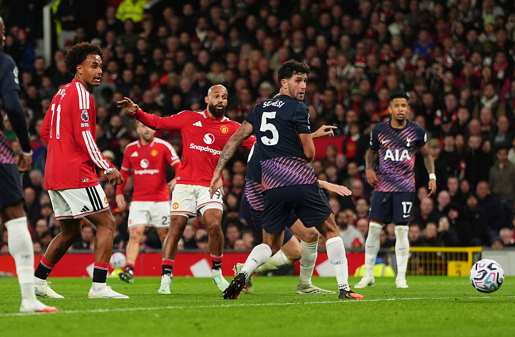 Manchester United's Bryan Mbeumo scores their side's first goal of the game during the Premier League match