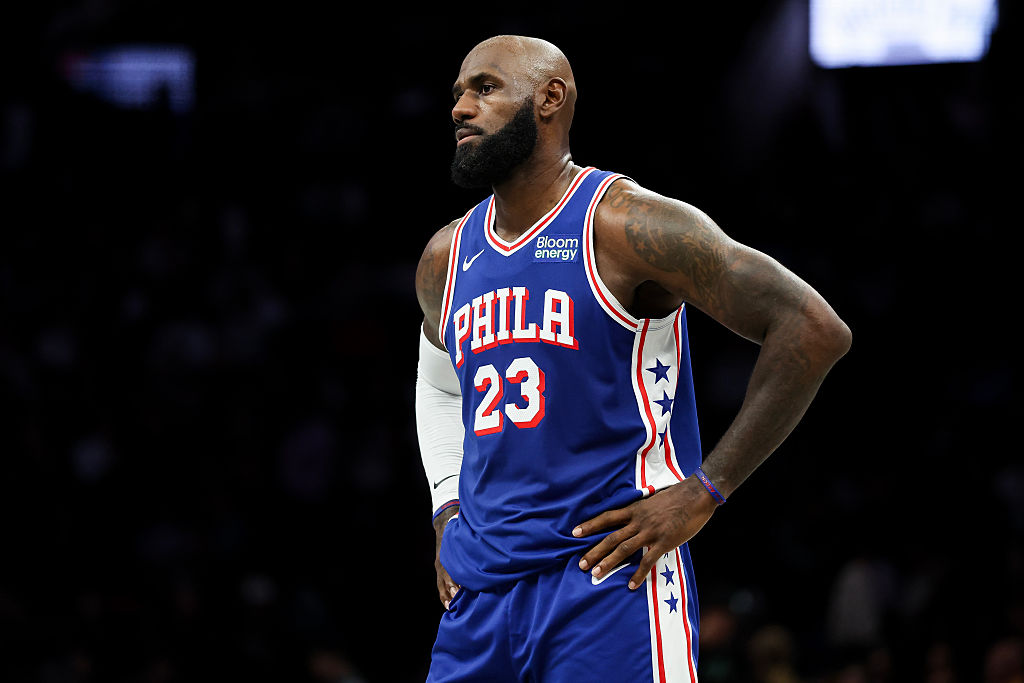 LeBron James #23 of the Philadelphia 76ers looks on.