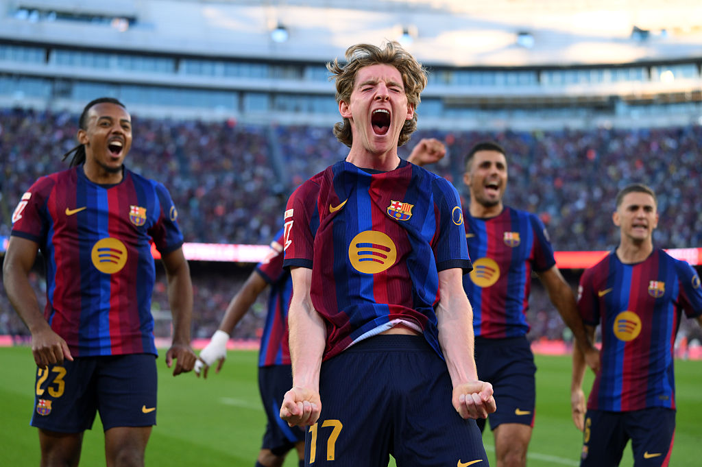Anthony Gordon of FC Barcelona celebrates scoring his team’s first goal