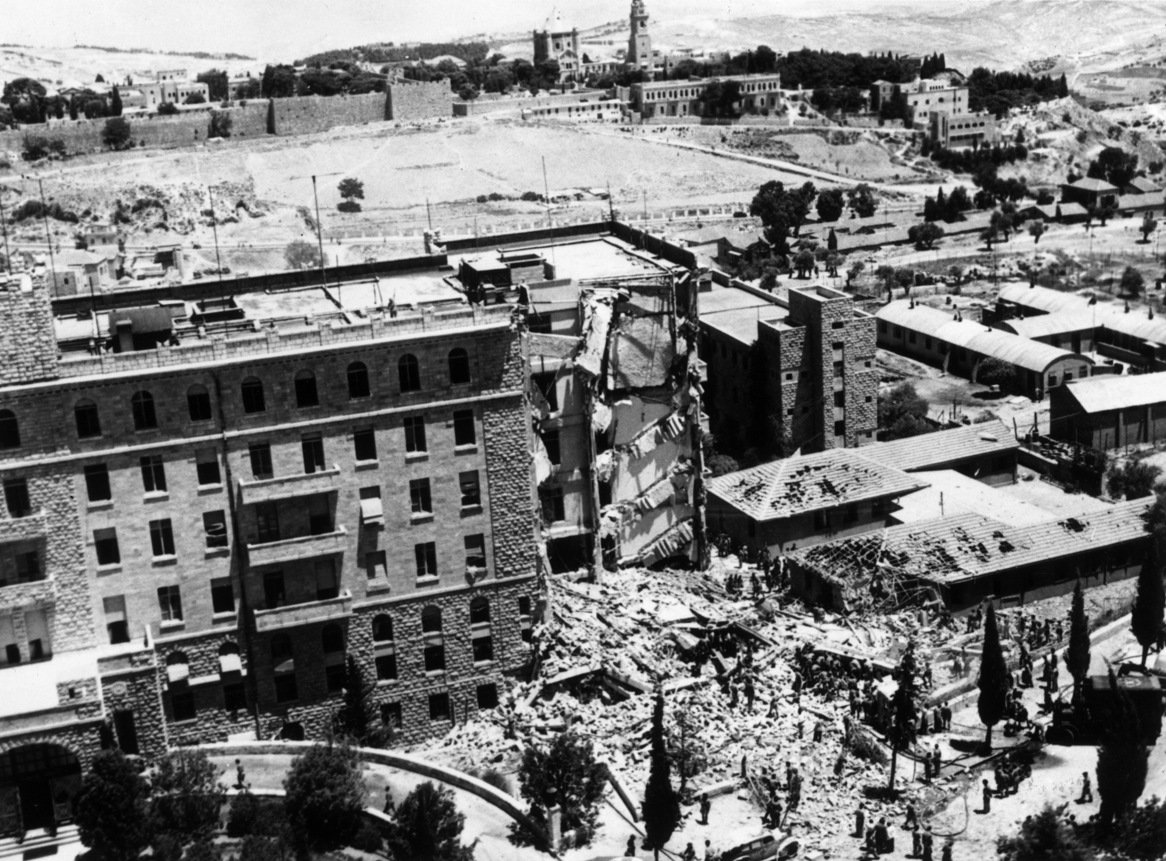 The scene at the King David Hotel in Jerusalem, the British headquarters in Palestine, after it was wrecked by a bomb planted by Zionist military group Irgun, seen on July 26, 1946