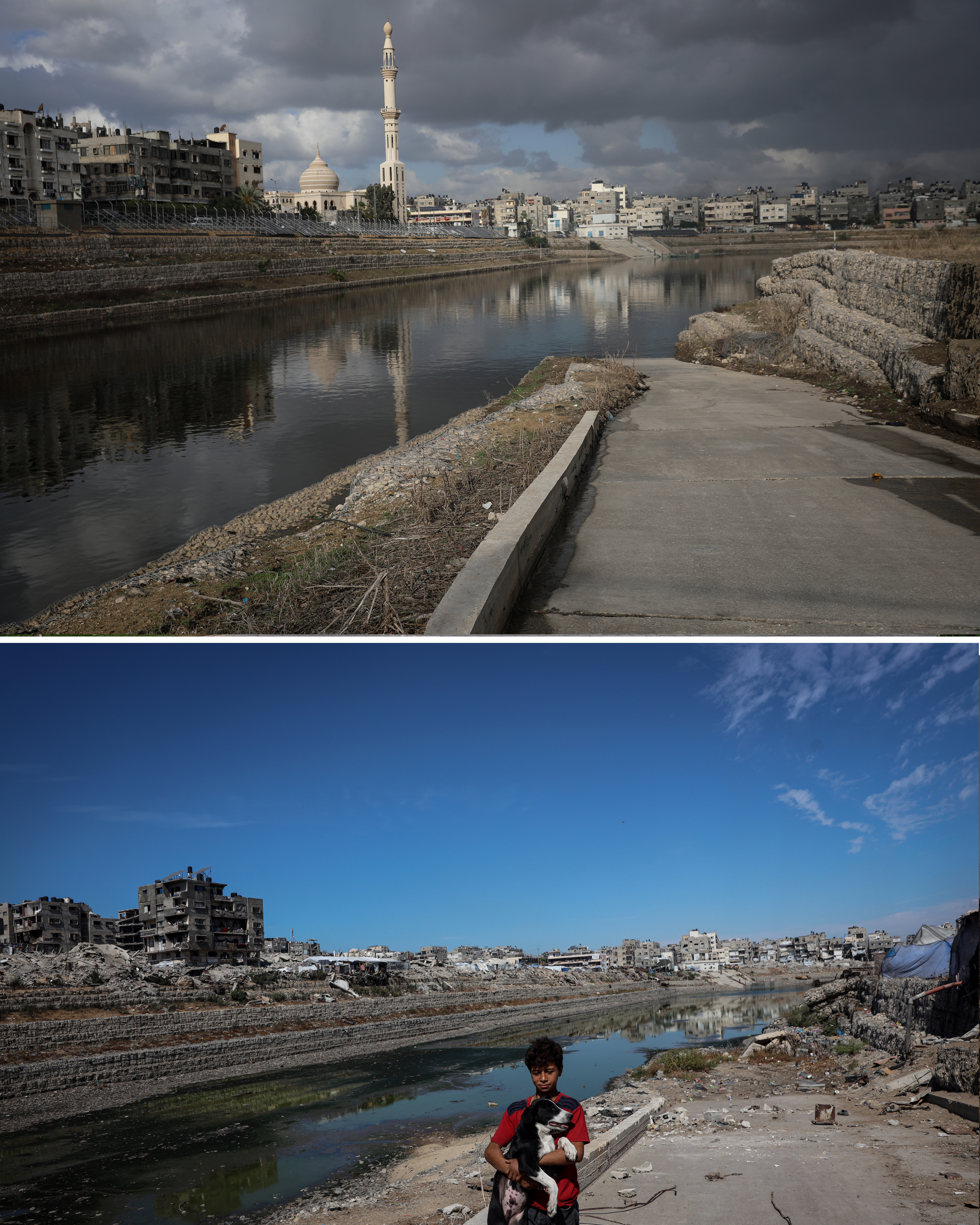 Sheikh Radwan Pond in Gaza City was built in 2000 to collect rainwater, with a capacity of about 500,000 cubic metres. In September 2026, the Palestinian Water Authority said sewage had entered the pond after its drainage system was damaged, while the surrounding area was almost completely destroyed. [Abdelhakim Abu Riash/Al Jazeera]
