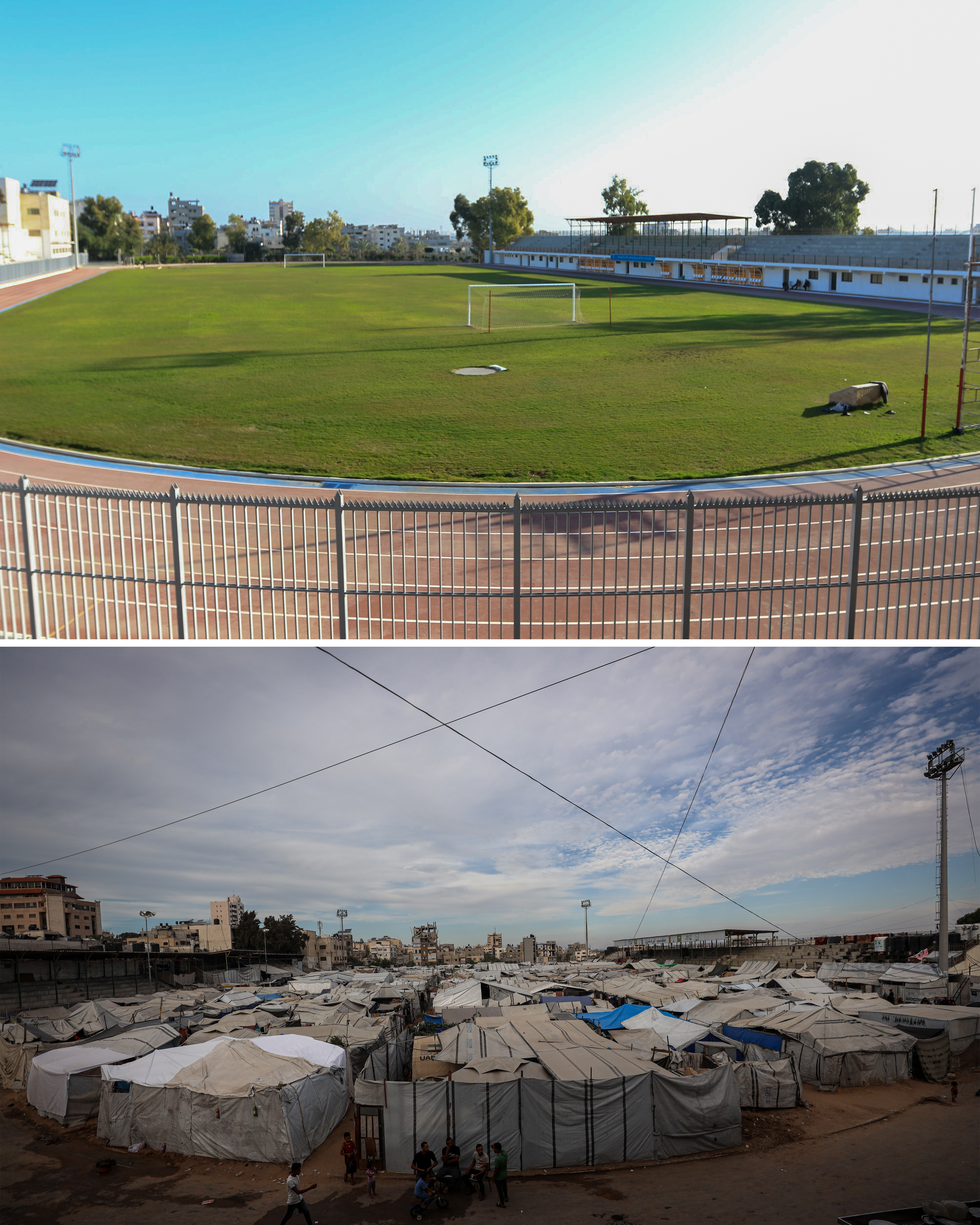 Yarmouk Stadium in Gaza City, opened in 1952, was one of Palestine’s oldest and largest football stadiums and a major venue for sporting and public events. After nearly three years of war, the stadium has been taken out of service and turned into a shelter for displaced Palestinians. [Abdelhakim Abu Riash/Al Jazeera]