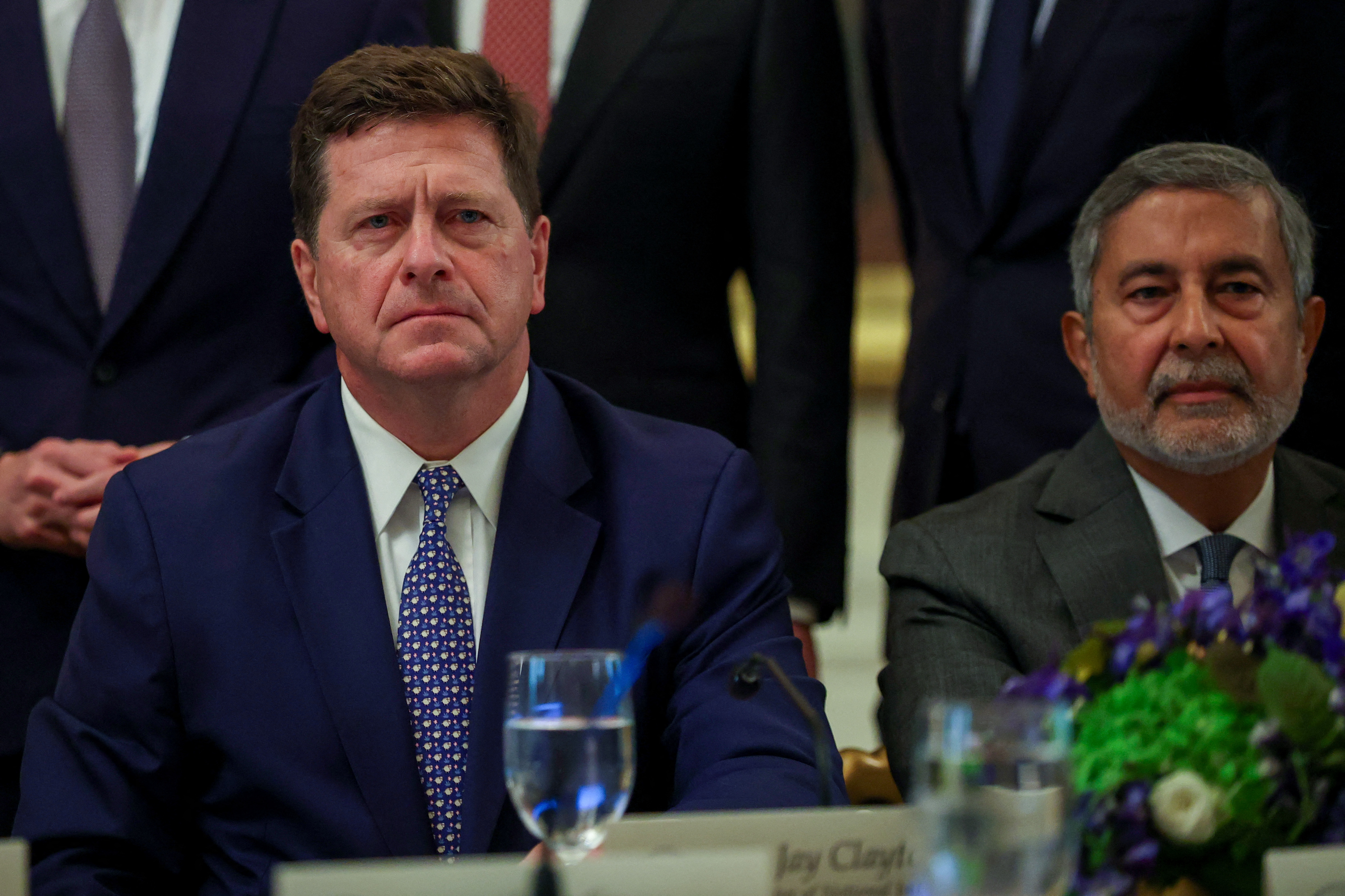 WASHINGTON, DC - SEPTEMBER 29: U.S. Director of National Intelligence Jay Clayton (L) and Micron CEO Sanjay Mehrotra attend a meeting on artificial intelligencein the East Room of the White House on September 29, 2026 in Washington, DC. The meeting comes as some have called for a slowdown in AI development amid rising safety concerns. Kevin Dietsch/Getty Images/AFP (Photo by Kevin Dietsch / GETTY IMAGES NORTH AMERICA / Getty Images via AFP)
