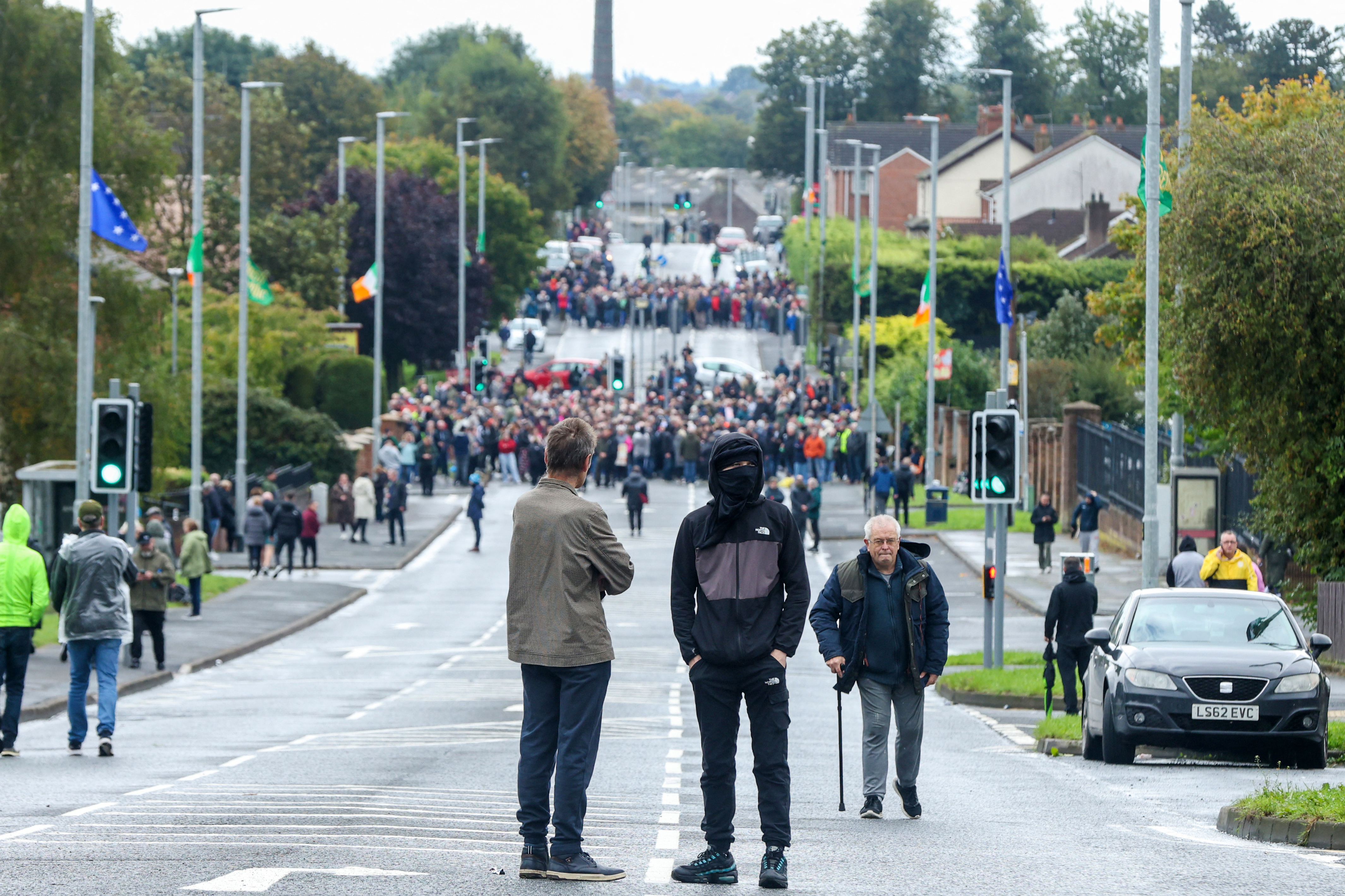 Protesters continue to block the Garvaghy Road in Portadown, Northern Ireland on September 27, 2026, preventing a parade of marchers from the Orange Order using the route through the mainly nationalist area of the town.