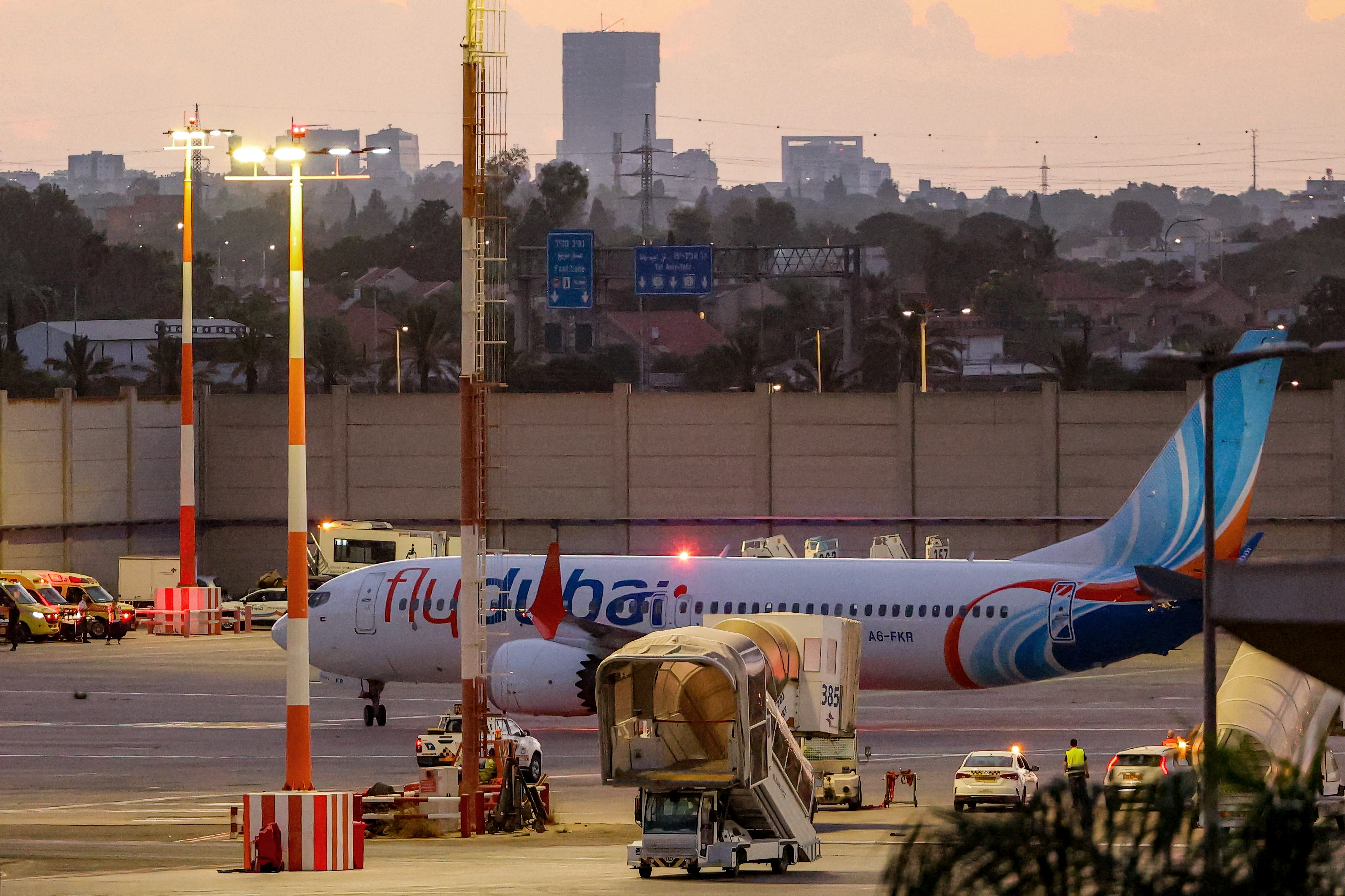 TOPSHOT - A flydubai Boeing 737 MAX 8 aircraft is pictured on the tarmac after landing at Israel's Ben Gurion Airport in Lod on September 30, 2026.