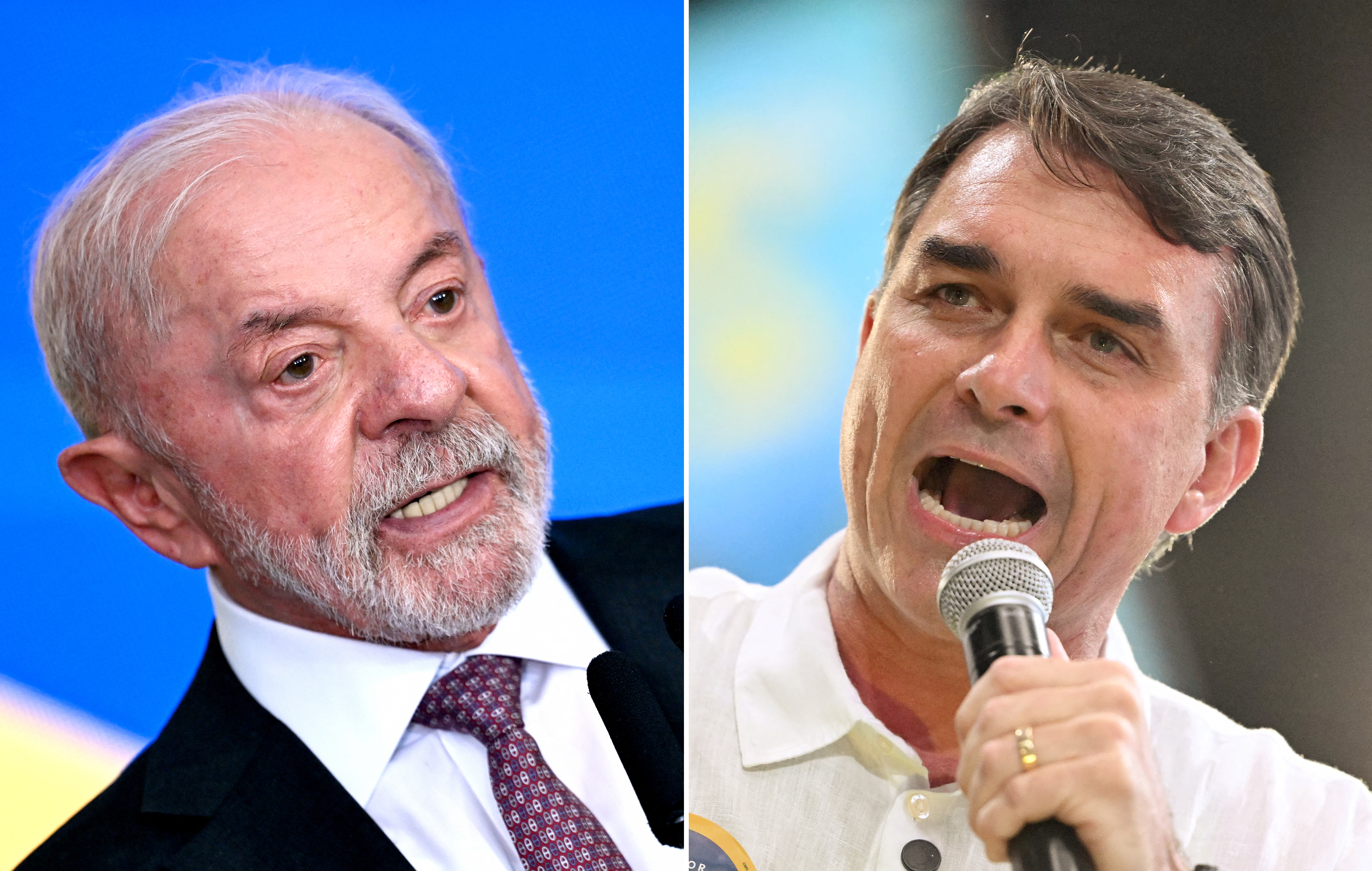 (COMBO) This combination of file pictures created on Setember 29, 2026, shows Brazil's President Luiz Inacio Lula da Silva at the Planalto Palace in Brasilia on September 16, 2026; and Brazil's right-wing Presidential candidate Flavio Bolsonaro at the Maracanazinho gymnasium in Rio de Janeiro, Brazil, on August 22, 2026.