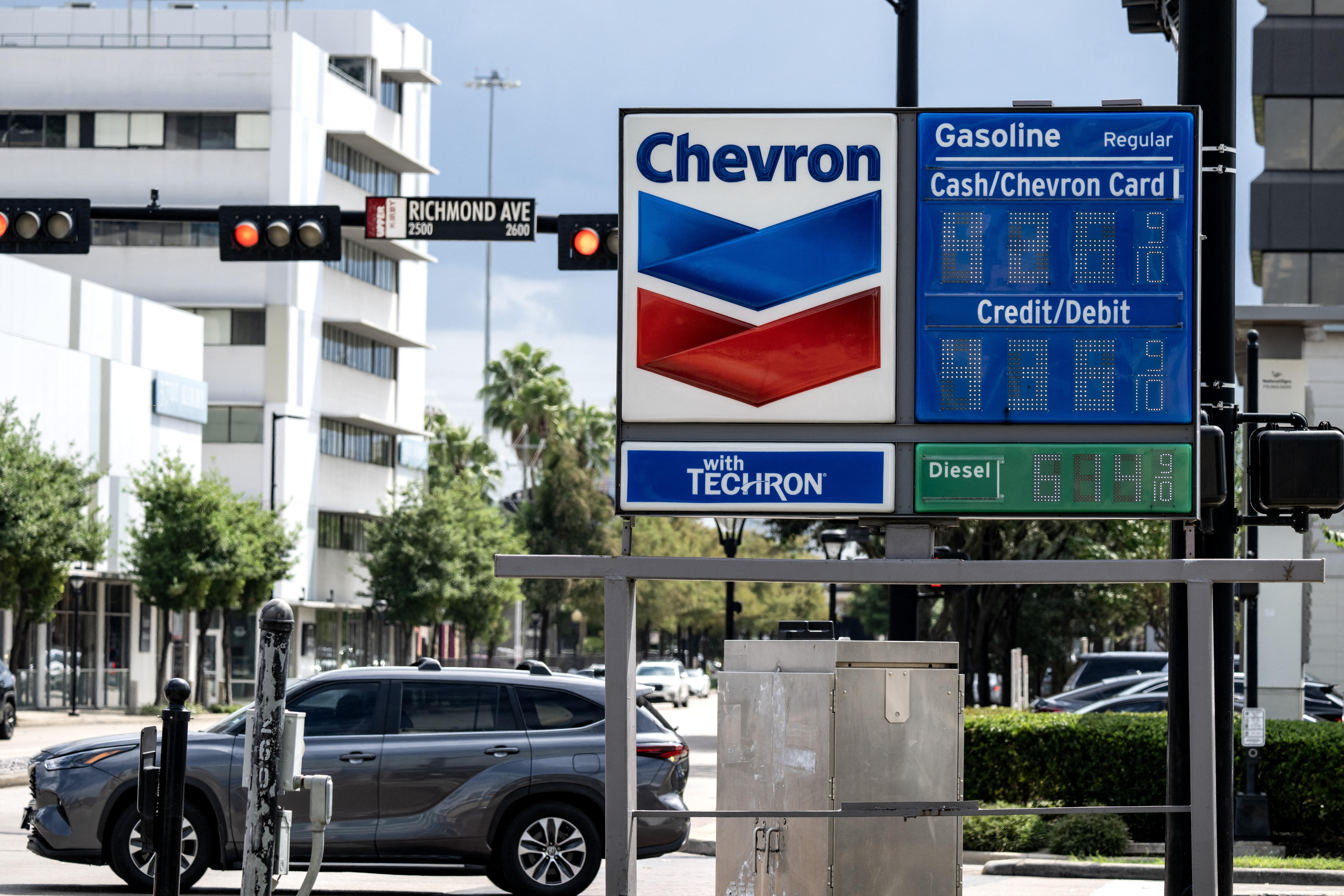 Gasoline prices are seen at a Chevron gas station in Houston, on October 2, 2026.