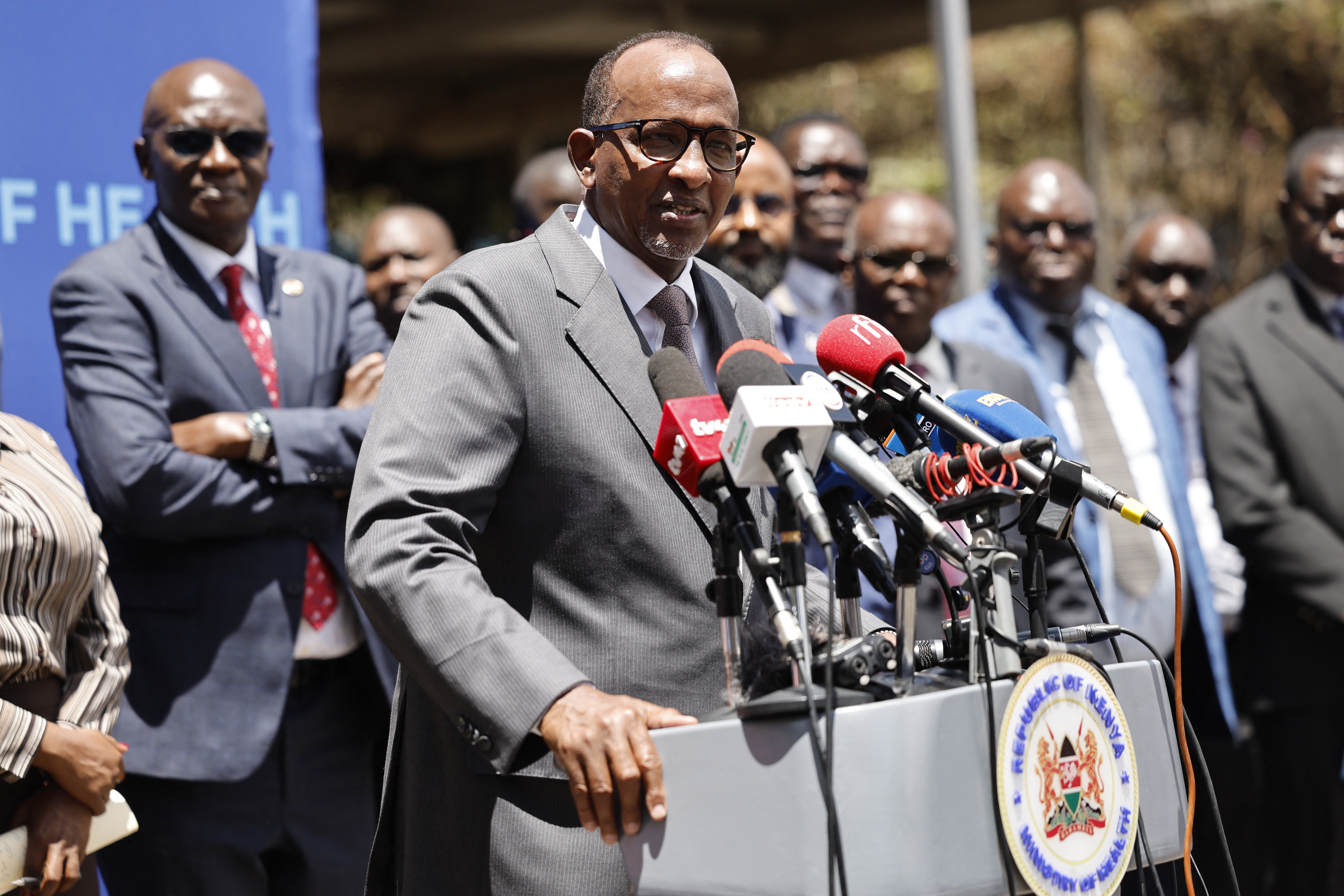 Kenyan Cabinet Secretary of Health Aden Duale speaks at a press conference in Nairobi on October 6, 2026.