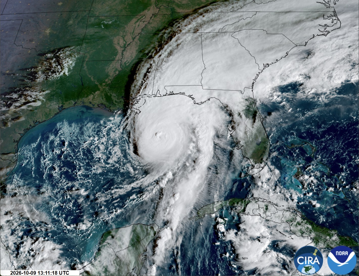 This satellite handout image from the Cooperative Institute for Research in the Atmosphere at Colorado State University and the National Oceanic and Atmospheric Administration (CIRA/CSU and NOAA) shows Tropical Storm Isaias on track toward the US Gulf Coast, on October 9, 2026, at 13:11 UTC.