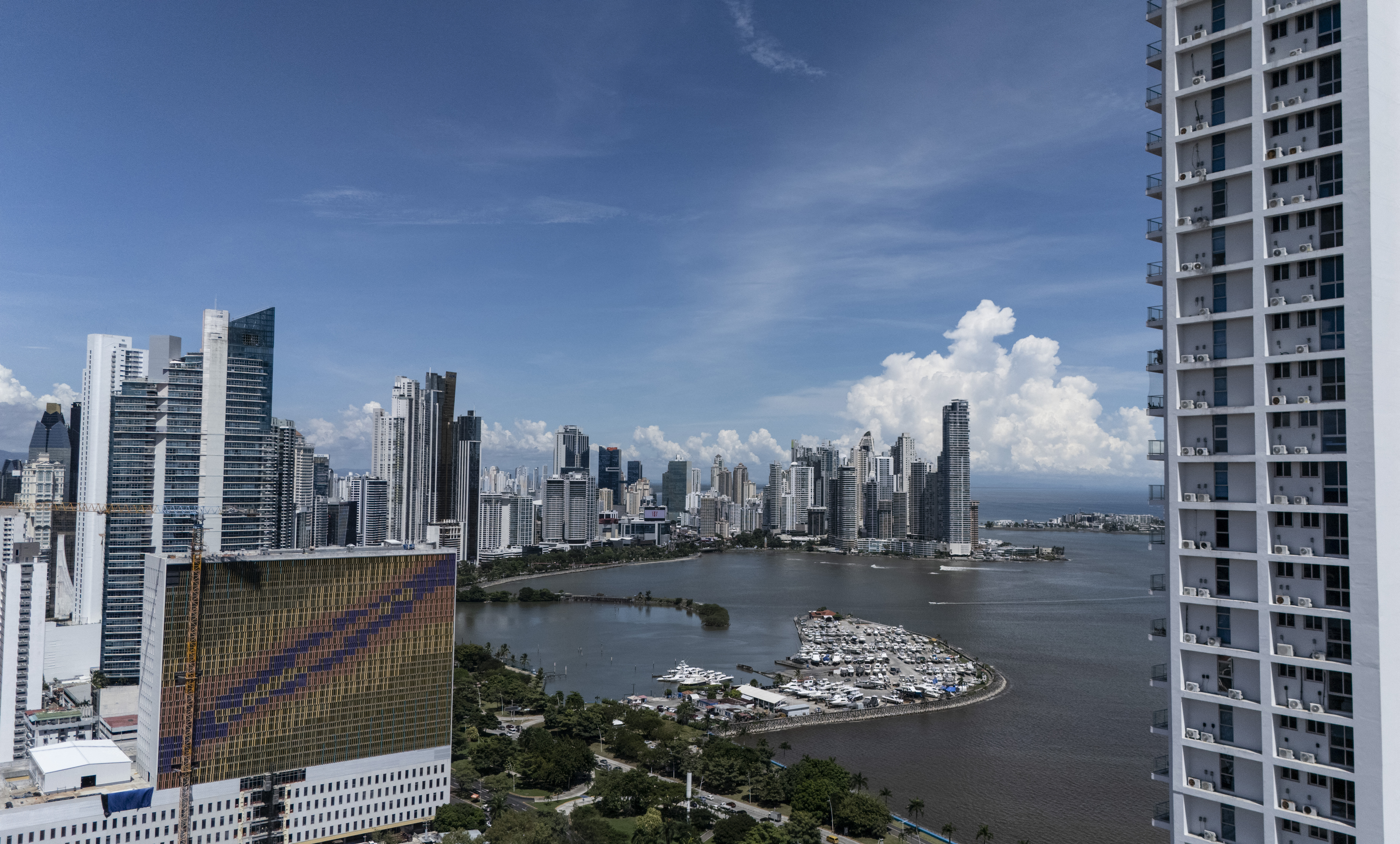 This aerial view shows Panama Bay after a severe 7.6 magnitude earthquake hit the country, in Panama City on October 9, 2026.