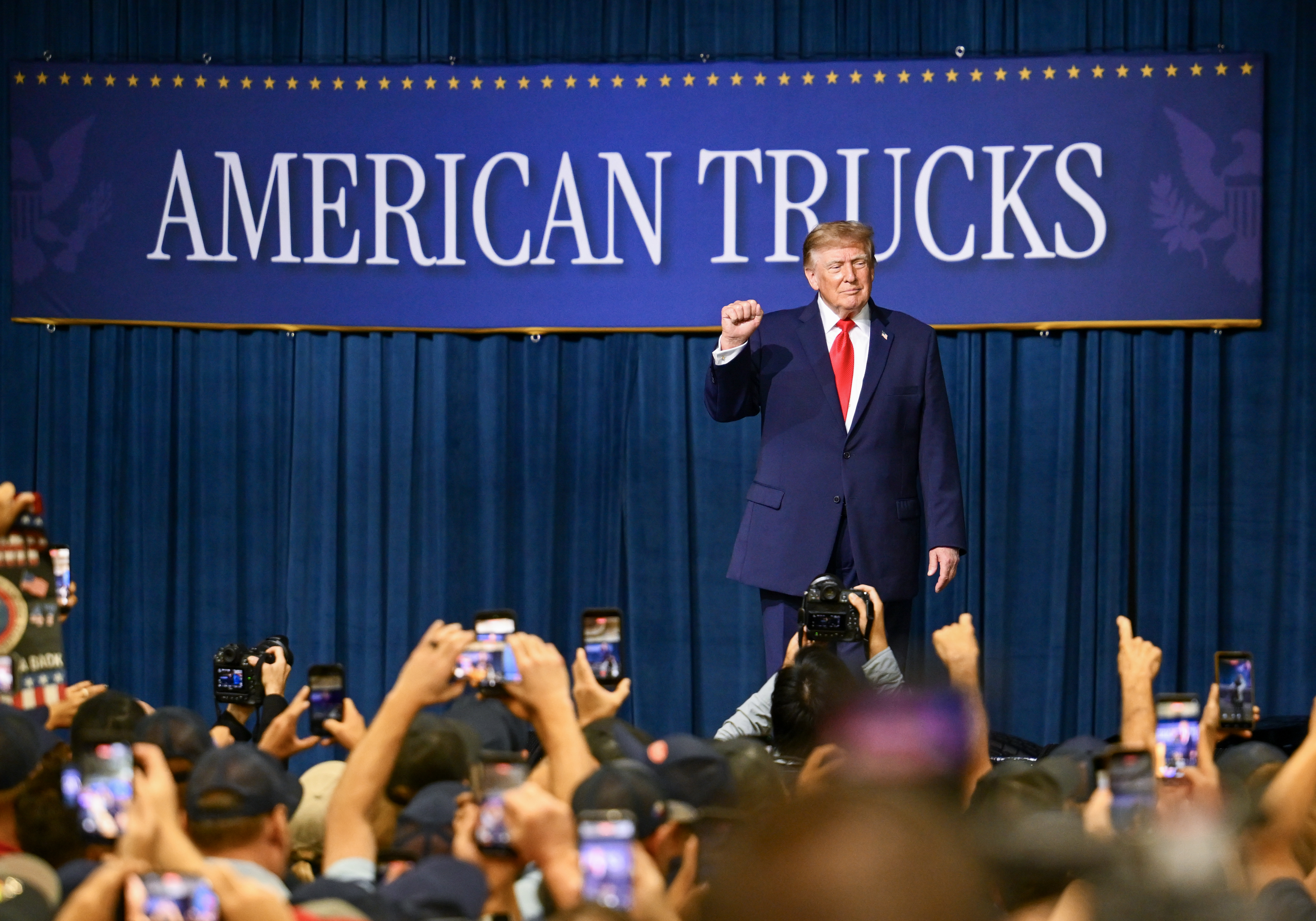 epa13276094 US President Donald Trump delivers remarks during a rally for Texas Republican Senate candidate Ken Paxton at the Peterbilt Motors Company in Denton, Texas, USA, 01 October 2026. The visit comes as Trump begins a push to support Republican candidates ahead of the 03 November midterm elections, with Paxton facing Democrat James Talarico in the Texas US Senate race. EPA/ALBERT PENA