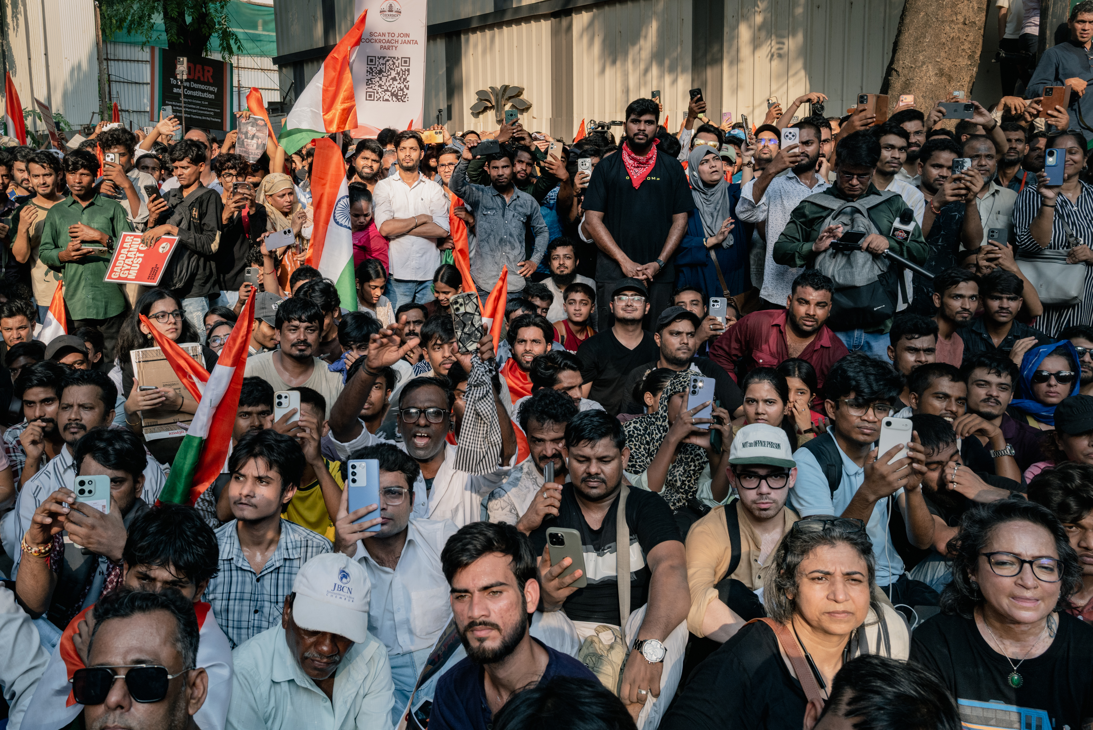 MUMBAI, INDIA - OCTOBER 02: Supporters of the Cockroach Janta Party (CJP) attend a protest demanding the resignation of India’s Chief Election Commissioner Gyanesh Kumar, on October 02, 2026 in Mumbai, India. (Photo by Elke Scholiers/Getty Images)