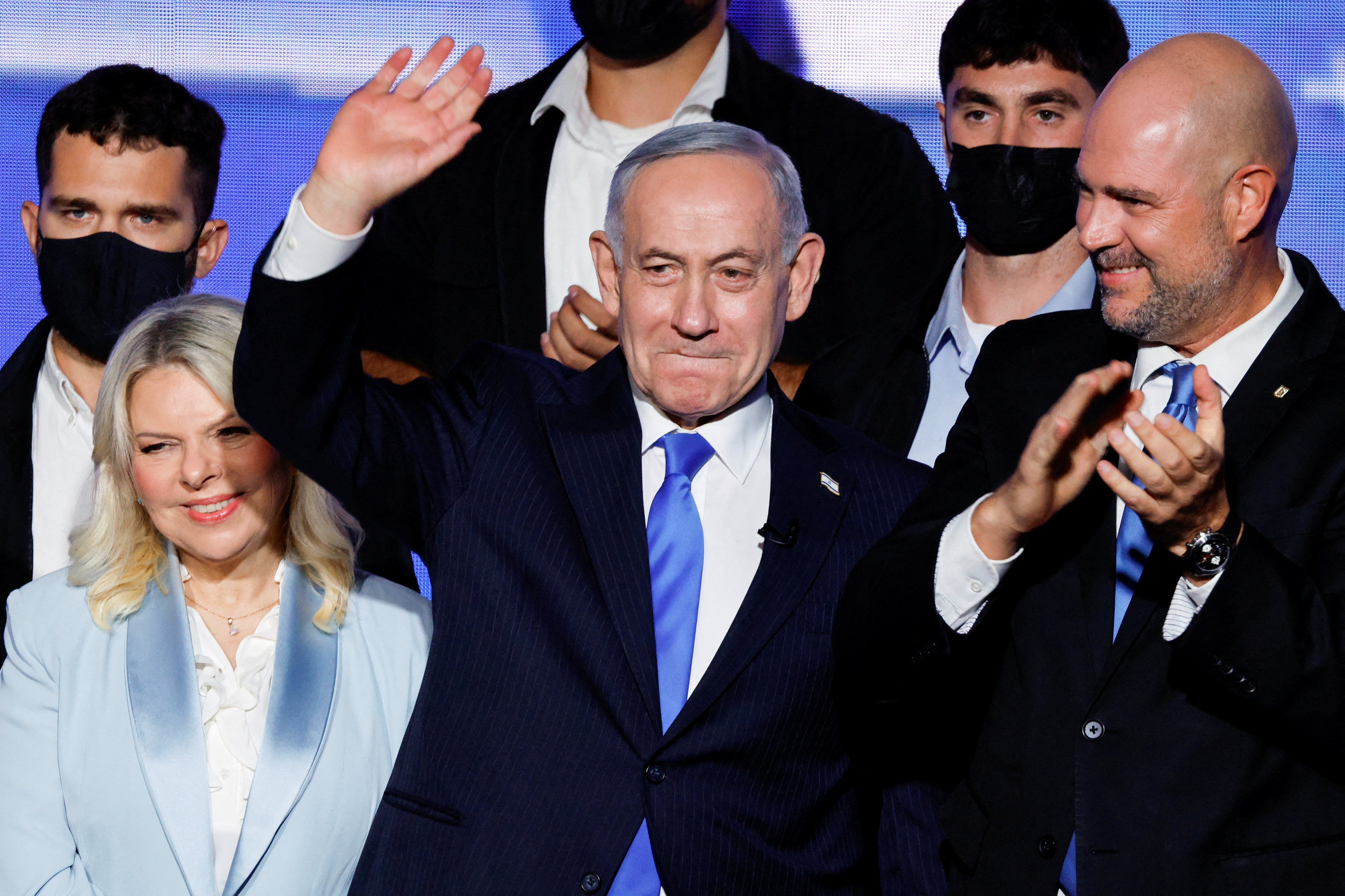 FILE PHOTO: Israeli Prime Minister Benjamin Netanyahu and Sara Netanyahu attend a toast-raising event hosted by his Likud party, in Tel Aviv, Israel, September 17, 2026. REUTERS/Amir Cohen/File Photo