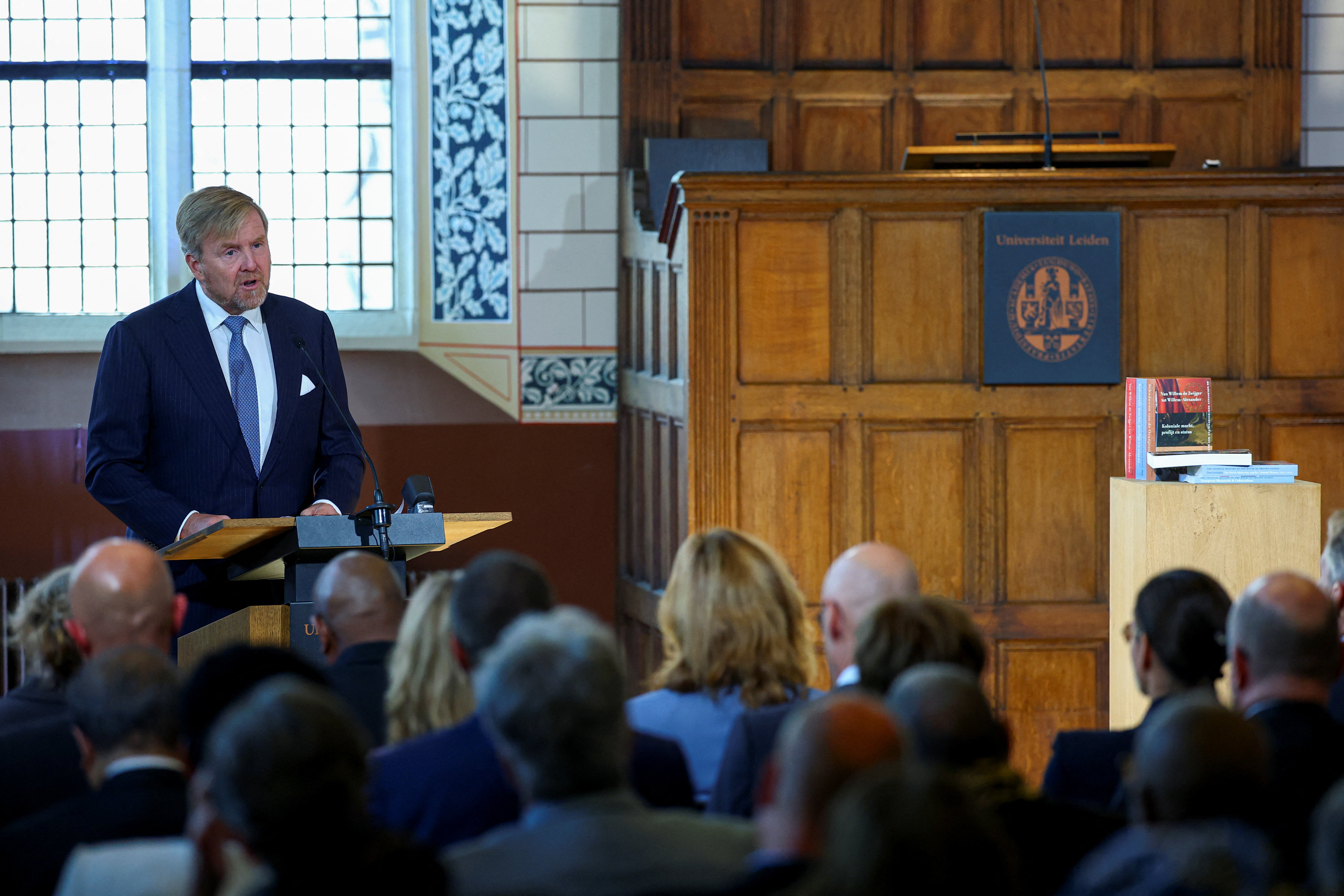 Dutch King Willem-Alexander delivers a speech after receiving the results of an independent study into the role of the House of Orange-Nassau in Dutch colonial history at the Academy Building of Leiden University in Leiden, Netherlands, October 2, 2026. REUTERS/Piroschka van de Wouw