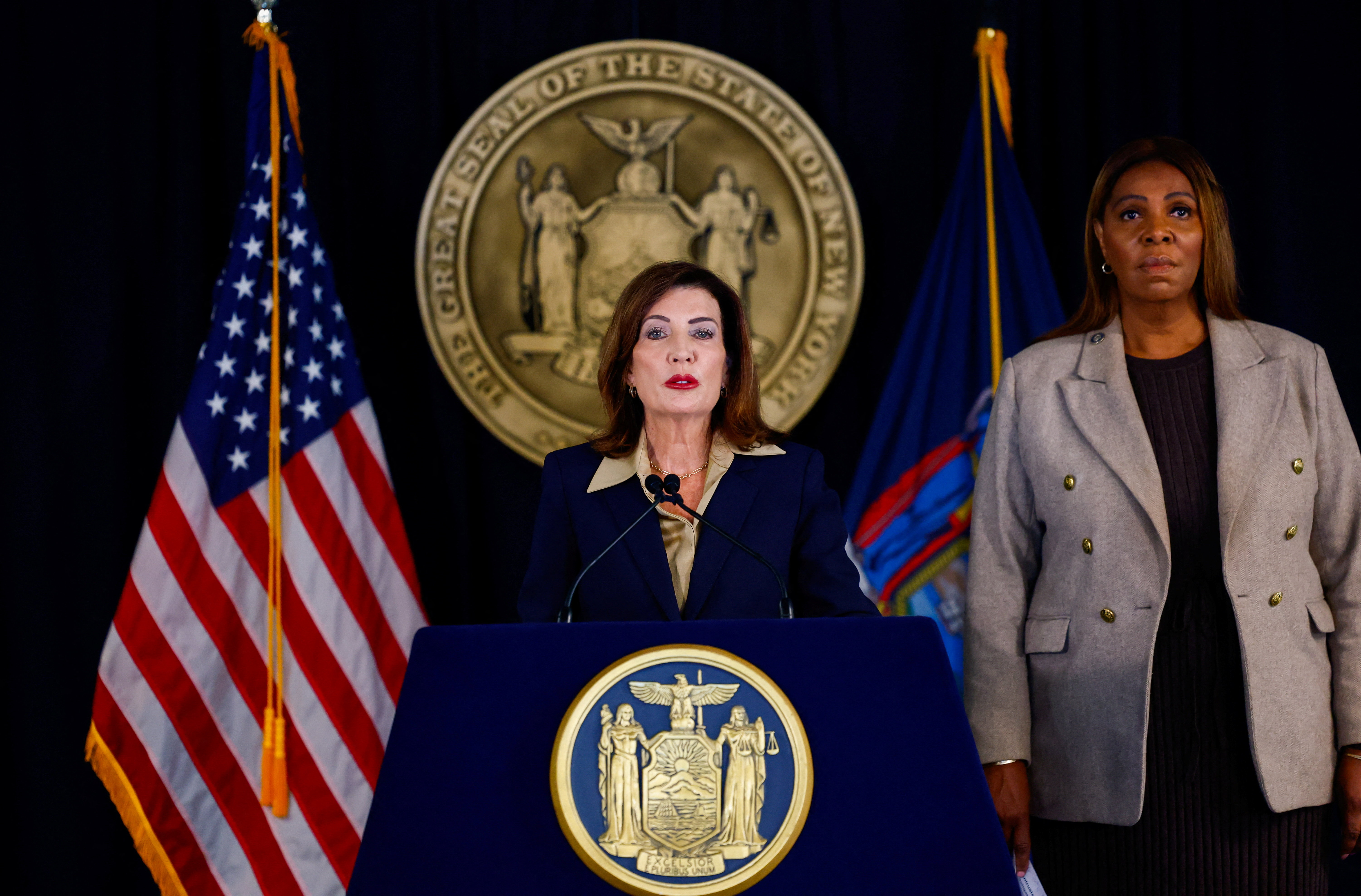 New York Governor Kathy Hochul and New York Attorney General Letitia James attend a press conference regarding an investigation into alleged sexual assault at Cornell University, in New York City, US, October 2, 2026. REUTERS/Jeenah Moon