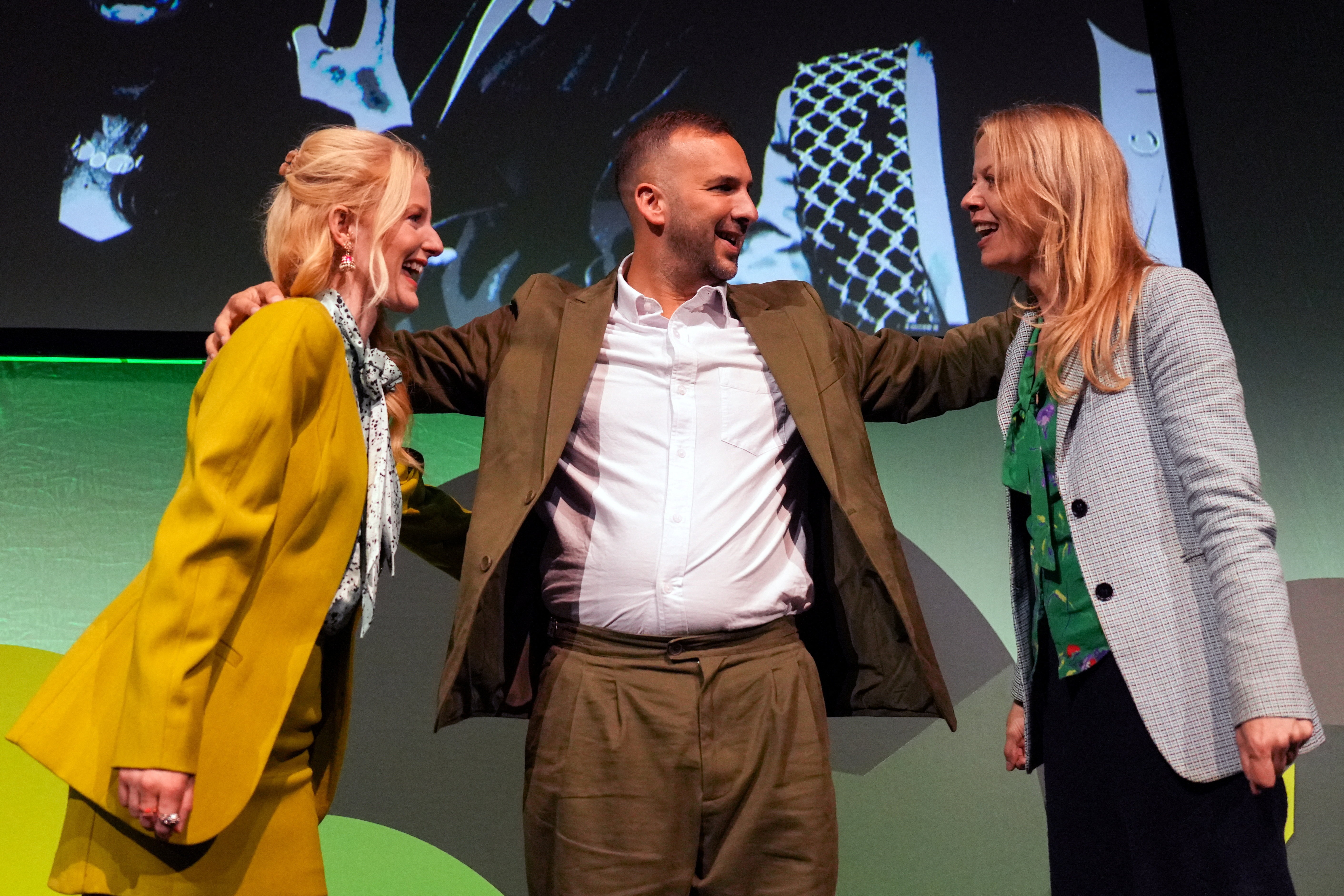 Britain's Green Party leader Zack Polanski, MP Hannah Spencer and MP Sian Berry attend a Green Party conference, October 2, 2026. [Carlos Jasso/Reuters]